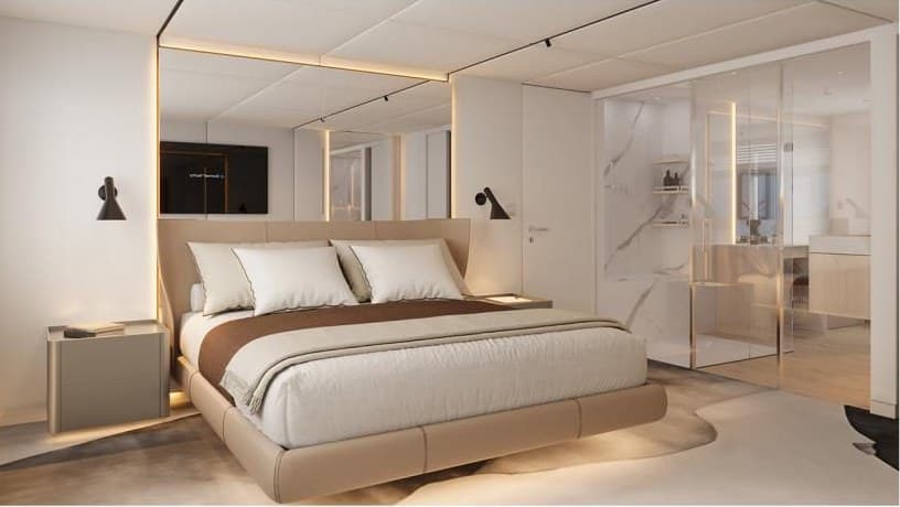 The owner's suite, bed facing the ensuite