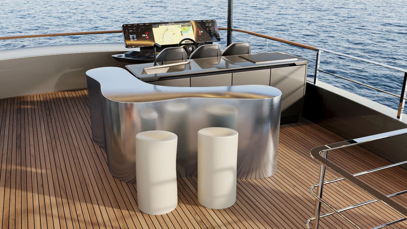 The flybridge helm and the polished bar beside it