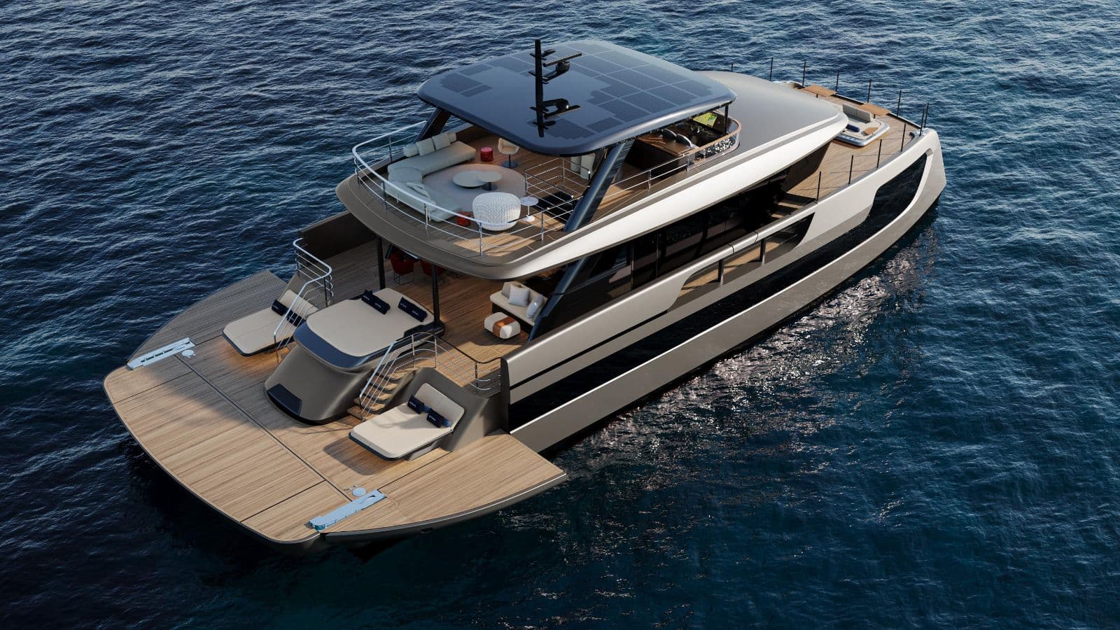 SUE ROSSO from above — three open decks and the teak swim platform