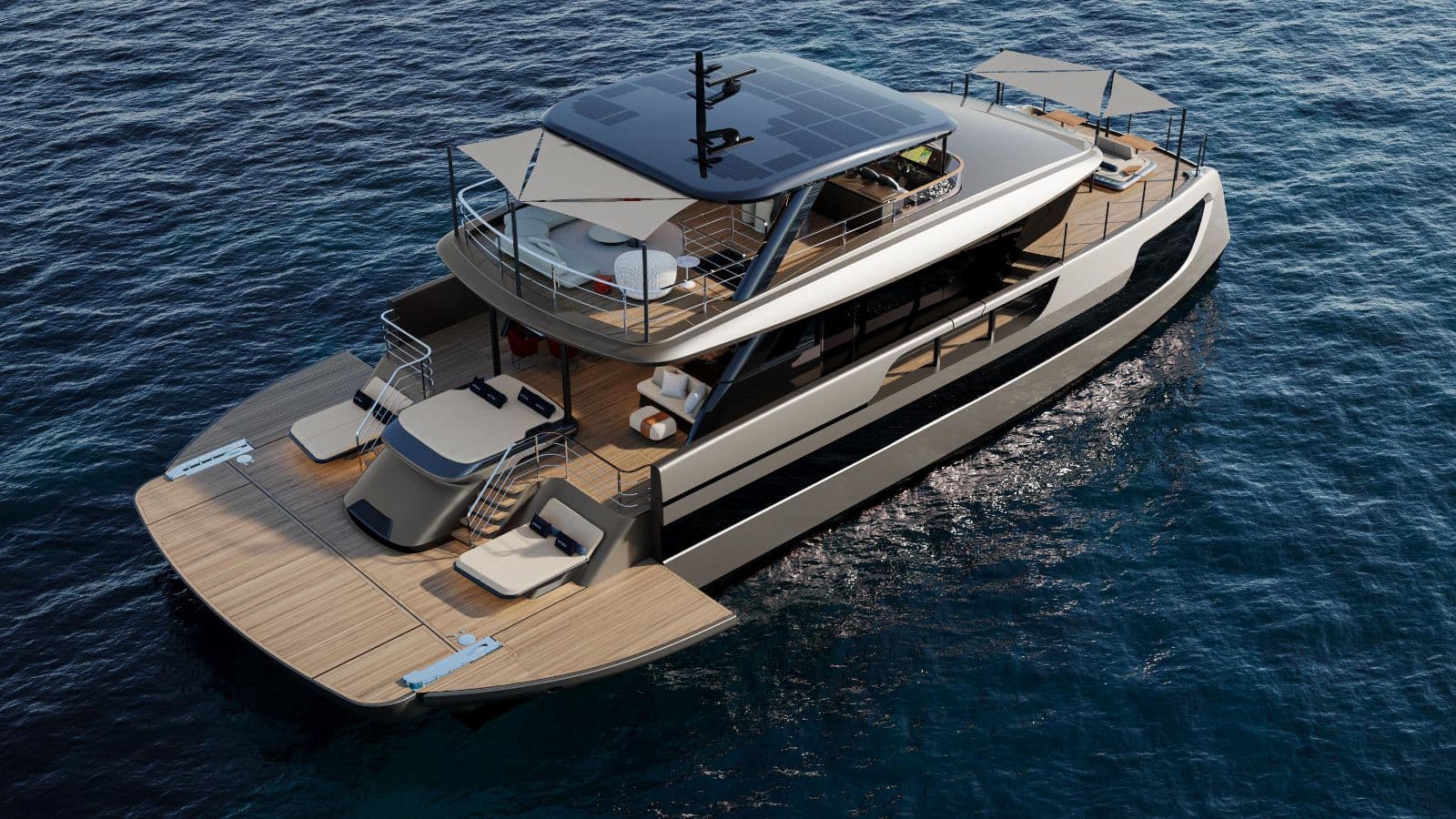 Aerial view of SUE ROSSO with the shade sails set and the tender platform open