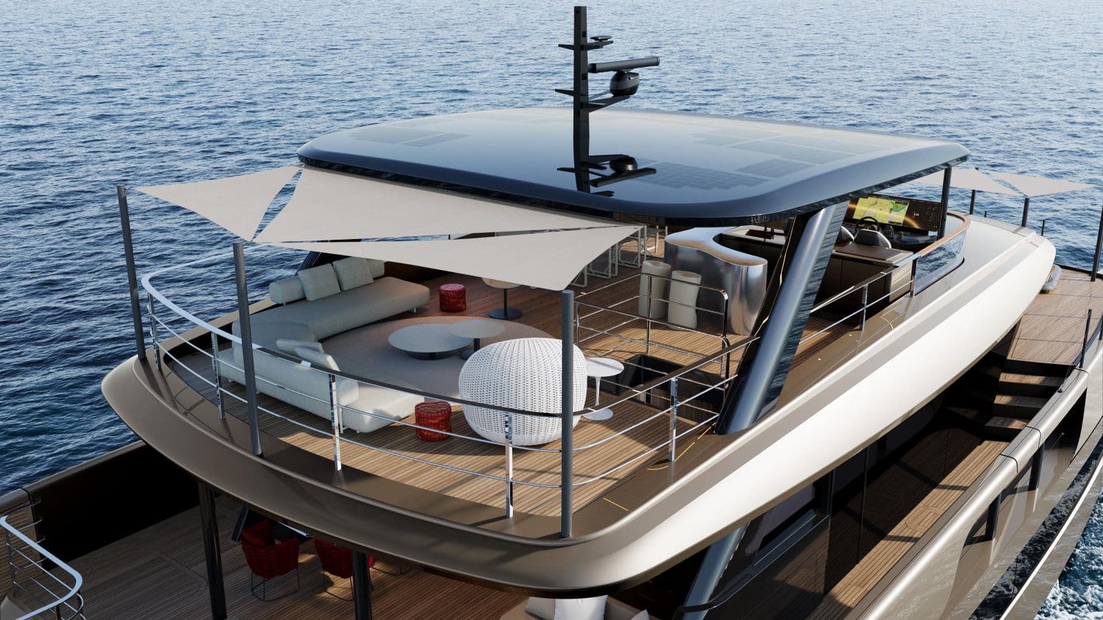 Shade sails drawn across the flybridge on a windless afternoon